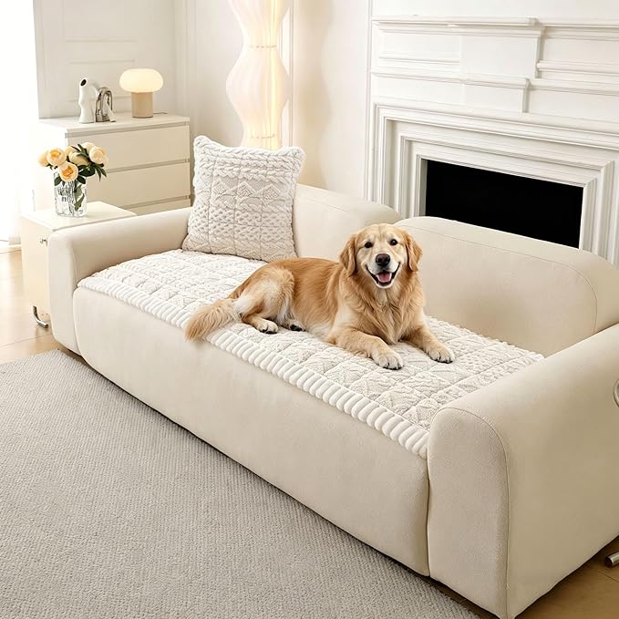 OTOB All Seasons Sofa Covers for 3 Cushion Couch Washable, Geometric Jacquard Fuzzy Non-Slip Pet Couch Cover, Kids Pet Friendly Soft Plush Sofa Slipcovers Dog Bed Mats (Off White, 27.6" x 70.9")