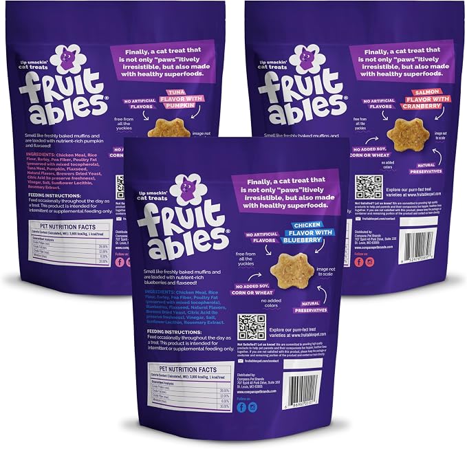 Fruitables Cat Treats - Crunchy Treats for Cats - Healthy Low Calories Packed with Protein - Free of Wheat, Corn and Soy - Made with Real Salmon, Tuna, Chicken - 2.5 Oz (3 Pk)