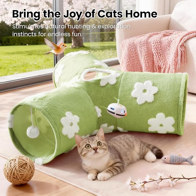 Tempcore Flannel Cat Tunnel for Indoor Cats, 3 Way Collapsible Pet Play Tunnel with Teaser Wand, Peek Holes & Hanging Ball, Interactive Tube for Kittens & Rabbits, Daisy Green