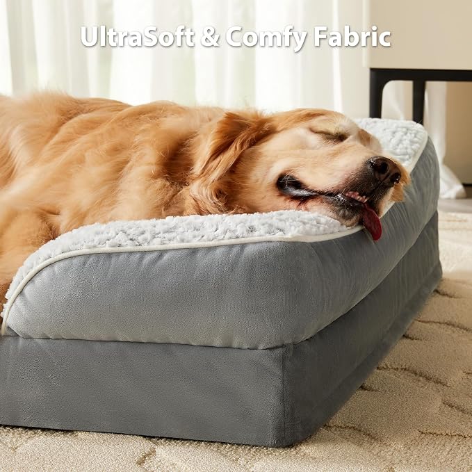 LEXTRO Orthopedic Dog Beds for Large Dogs,Waterproof Dog Bed, Egg Crate Foam Bed for Large Dogs, Big Pet Bed with Washable Removable Waterproof Pillow Cover and Anti-Slip Bottom, Grey