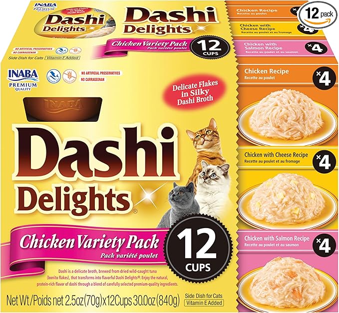 INABA Dashi Delights for Cats, Shredded Chicken Side Dish with Bonito Flake Broth, Cat Food Complement with Taurine & Green Tea Extract, 2.5 Ounce Cup, 12 Cups Total, Chicken Variety
