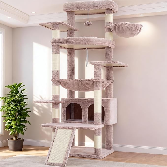 Heybly Tall Cat Tree for Large Cat, 80-inch Multi-Level Cat Tower for Indoor Cats with Large Baseboard, Condo Furniture with 2 Widened Plush Perches,Scratching Board and Big Caves, Muchroom HCT038MU
