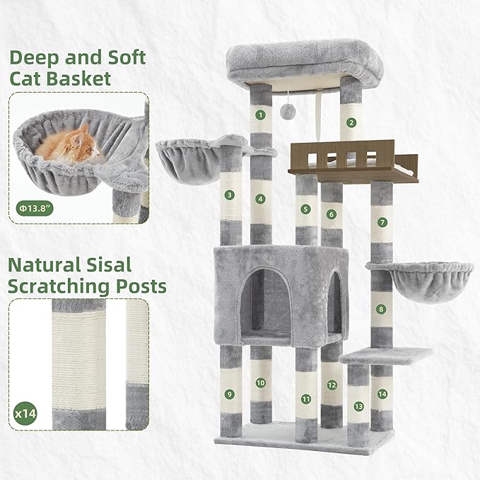 Gitelsnour Cat Tree for Indoor Cats Large Adult, Heavy Duty Cat Tree for Large Cats 20 lbs+, Cat Condo with Big Wooden Perch, Cat Tower with 14 Scratching Posts, Hammock, Light Gray GCT023W