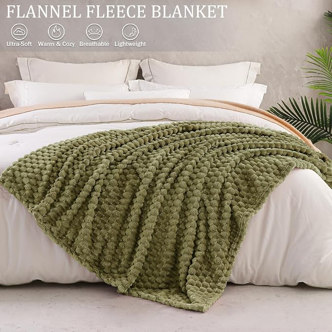 Exclusivo Mezcla Fleece Throw Blanket for Couch, Extra Large Fuzzy Olive Green Bed Blankets, Soft Cozy Plush Sofa Throws for All Seasons, 50x70 Inches