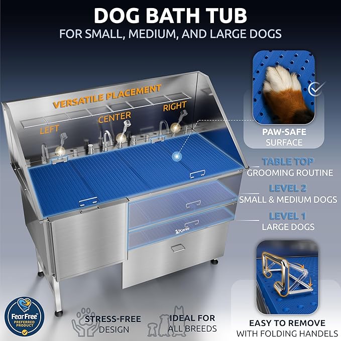 KANIS Professional Dog Washing Station 304 Stainless Steel Pet Wash Sink & Grooming Bathtub w/Shower, Floor Grates and Storage for Large, Medium & Small Pets (Silver, 61 Inches, Left Ramp, 1 Drawer)