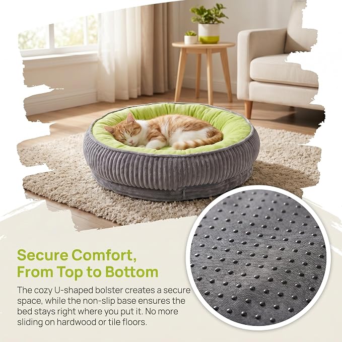 Calming Dog Bed for Small Dogs 18"x20" - Washable Donut Pet Bed with Anti-Slip Bottom, Soft Puppy Bed for Indoor Kittens and Cats with Removable Cover (Lime Green)