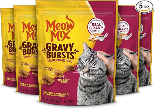 Meow Mix Gravy Bursts Chicken Flavored Cat Treats, 2.7 Oz. Bags (Pack of 5)