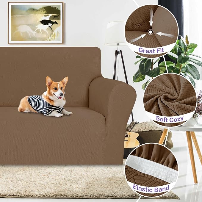 ZNSAYOTX Chair Cover with Arms (30"-47"), New Striped Sofa Chair Covers for Living Room, Dogs Pet Friendly Anti-Slip Chair Protector Spandex Armchair Slipcovers (Light Coffee, Chair)