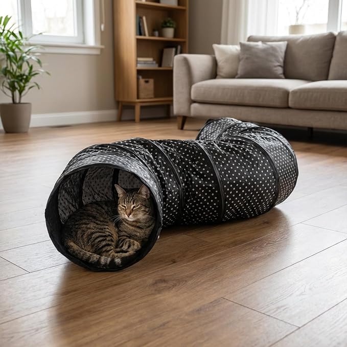 Cat Tunnel Collapsible, More Interactive Indoor Play Toy Tube for Cats & Kittens with Crinkle Paper and Peekaboo Holes(S)