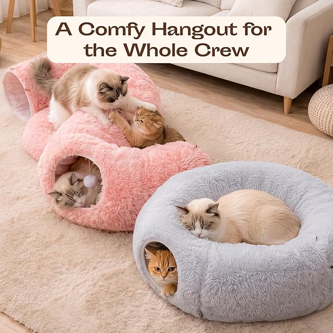 MEOWFIA Indoor Cat Tunnel with Donut Bed - Large Flexible Play Space for Multiple Pets - Circle or Snake Shape, Cozy Lounge (Gray)