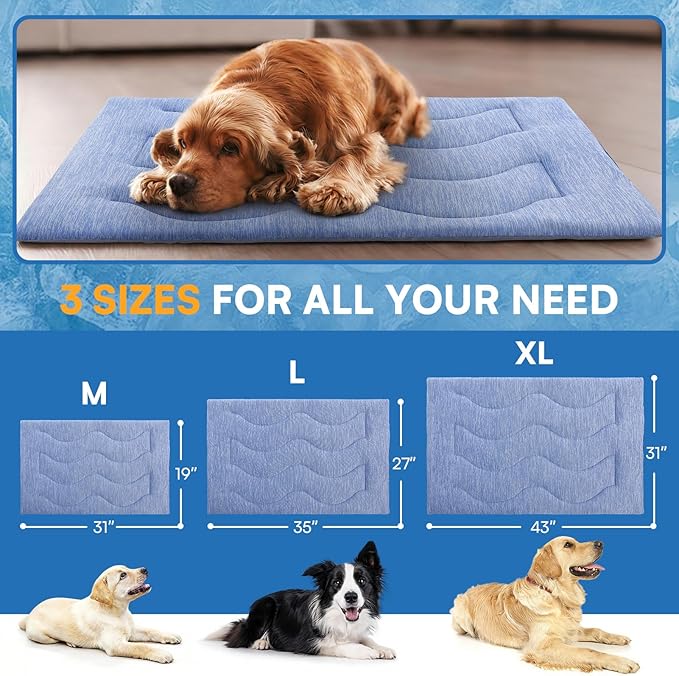 Queenmore Dog Cooling Mat, Cool Dog Mat, Portable Flat Pet Pads for Dogs, Materials Safe, Washable Non-Slip Cooling Pet Pad for Puppy in Summer (Blue Wave, Medium(31" x 19"))