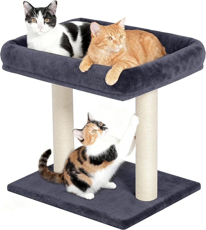 Cat Tree with Large Top Perch Bed (19"×15.8"), Small Cat Tower with Scratching Post for Indoor Cats, Dual Natural Sisal Scratcher,Space-Saving,Removable Bed (Dark Gray)