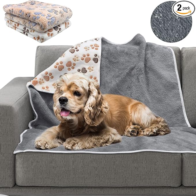 YUEPET Waterproof Dog Blankets, 2 Pack Washable Dog Blankets for Bed Couch Sofa Protector Fleece Flannel Puppy Blanket Soft Plush Reversible Throw Blanket for Medium Large Dogs 40"×30"(White+Coffee)
