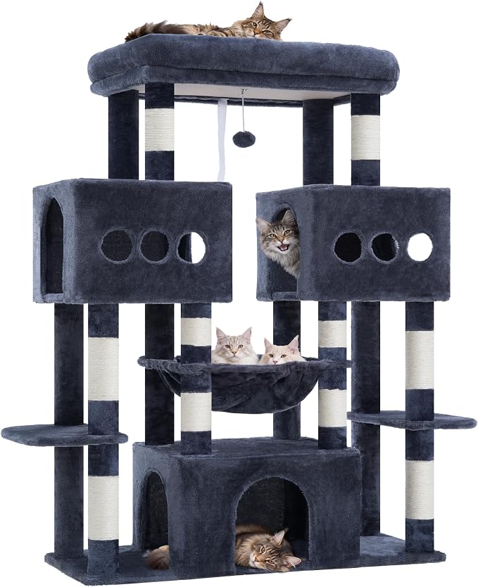 Hey-brother Cat Tree Tower, Large Sisal Scratching Posts with Big Platform, 3 Spacious Condos, Plush Hammock, Toy, 57.5 Inches Multi-Level Furniture for Indoor Adults Maine Coon, Smoky Gray MPJ083G