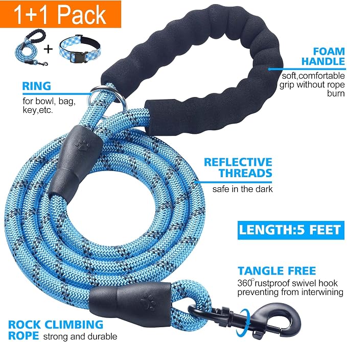 Ladoogo Reflective Dog Collar Padded with Soft Neoprene Breathable Adjustable Nylon Dog Collars for Small Medium Large Dogs (Large (Pack of 1), Vivid Blue Plaid Collar+Leash)