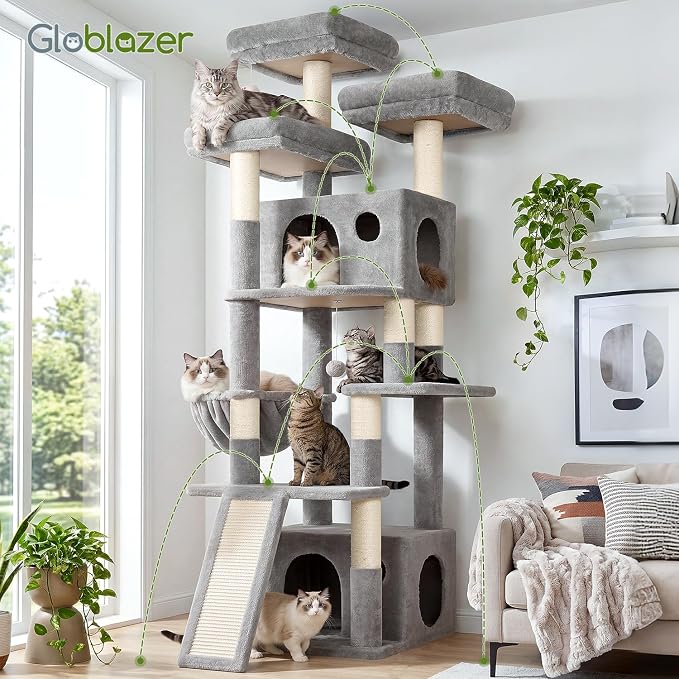 Globlazer Heavy Duty Cat Tree, 73inch Sturdy Cat Tower with Scratching Post for Indoor Multiple Cats, Maine Coon Cat Tree with Cat Perch, Basket, Cat Condo for Adult Cats Kittens, F73C, Light Grey