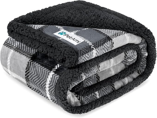PetAmi Waterproof Dog Blanket for Couch, Large 60x40, Pee Proof Sherpa Fleece Reversible Pet Throw, Furniture Protector for Bed Sofa Kennel, Soft Washable Cover for Medium Dogs Cats, Plaid Dark Grey
