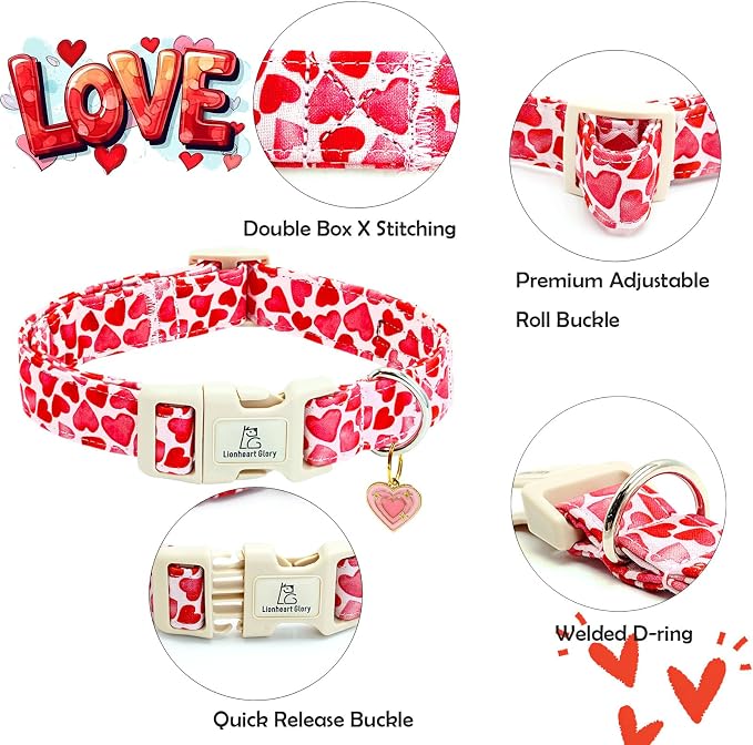 Lionheart glory Valentine's Day Collar, Red Hearts Dog Collar for Large Cute Dog Collars Spring Female Pet Gift Adjustable Heavy-Duty Holiday Dog Collar Plastic Buckle