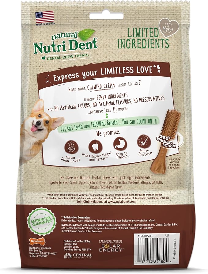 Nylabone Nutri Dent Dog Dental Chews - Natural Dog Teeth Cleaning & Breath Freshener - Dental Treats for Dogs - Filet Mignon Flavor, Small (28 Count)