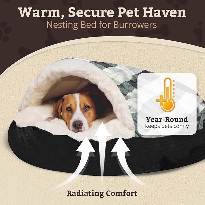 Snoozer Cozy Cave Dog Bed - Indoor Dog Bed with Cover Cave, Covered Calming Burrow for Small & Medium Sized Pets with Blanket Attached, Enclosed, Removable Washable Cover -Large, Barkley Black Diamond