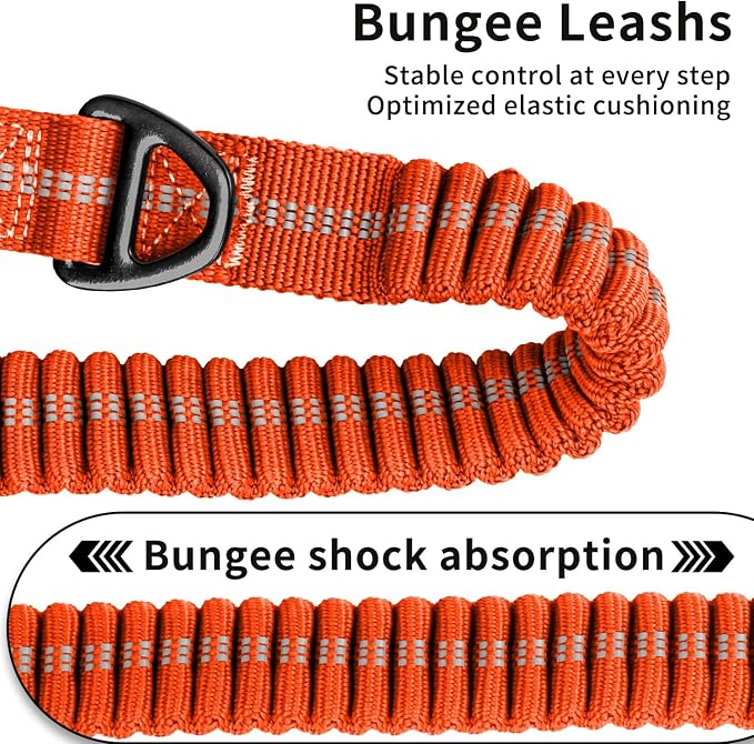 Heavy Duty Tactical Dog Leash, 4-6FT Shock Absorbing Bungee Lead with 2 Padded Handles, Metal Carabiner & Seatbelt Clip, Reflective No-Pull Leash for Medium/Large Dogs (Orange)