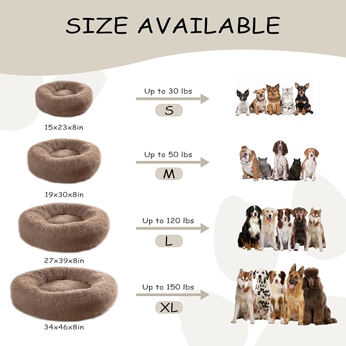 Bunlitent 46'' inch Calming Dog Bed, Plush Anti-Anxiety Donut Dog Bed for Large Dogs, Warming Cozy Soft Cute Round Washable, Marshmallow Cuddler Nest Pet Bed, Brown