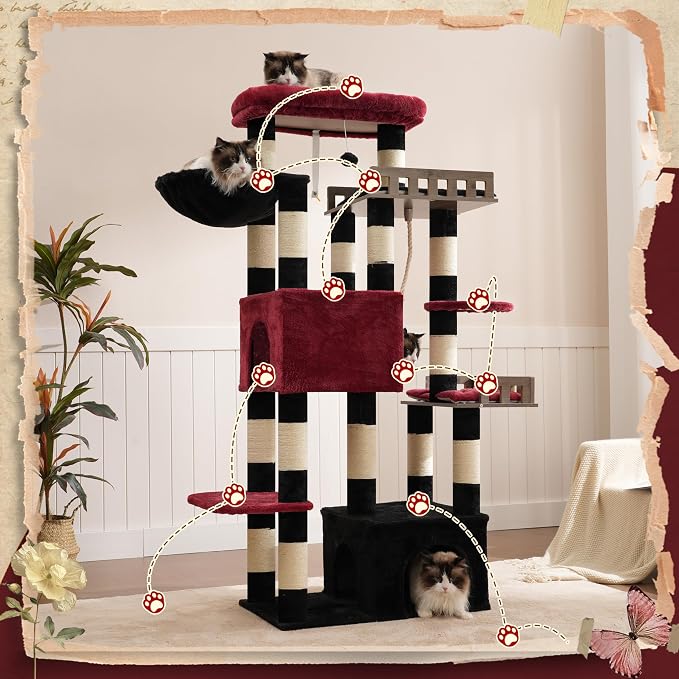 Gitelsnour Maine Coon Cat Tree, Heavy Duty Cat Tree for Indoor Cats Large Adult, Gothic Cat Tower for Large Cats 20 lbs+ with Hammock, 2 Big Perches, 2 Cat Condos, 15 Scratching Posts, Black GCT033BR