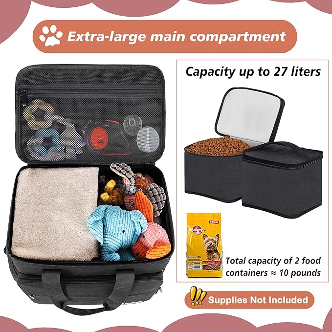 Dog Travel Bag, Large Pet Travel Set with Multi-Function Pockets, 2 Food Storage Containers, 2 Collapsible Bowls, 1 Feeding Mat for Pet Supplies, Road Trip Essentials, Weekend Camping (Black)