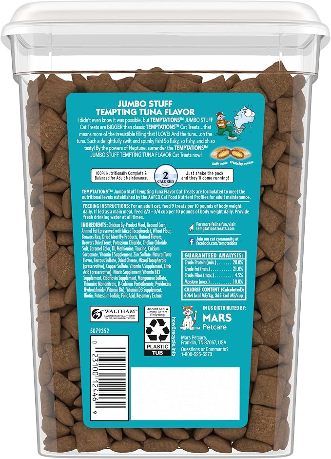 Temptations Jumbo Stuffed Cat Treats, Crunchy and Soft Cat Treats, Tempting Tuna Flavor, 14 oz. Tub