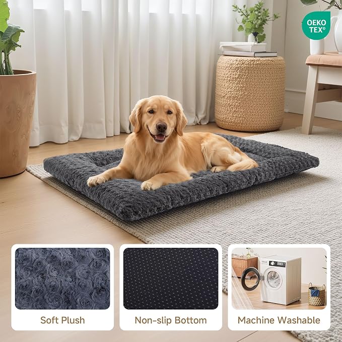 Washable Dog Bed Reversible Dog Beds for Crate Soft Fluffy Kennel Pad Anti-Slip Pet Sleeping Mat for Large Jumbo Medium Small Dogs (Grey, 53.00" x 36.00" x 1.50")