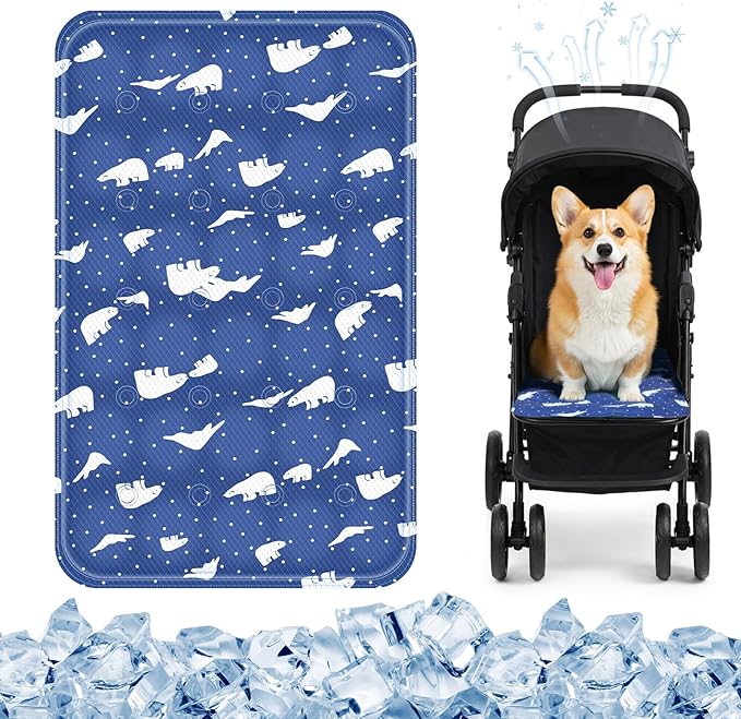 Nuanchu Dog Stroller Cooling Mat, Waterproof Gel Pet Cooling Pad for Summer, Washable Cat Sleeping Blanket, Portable Ice Gel Travel Mat for Cats, Crates, Car Seat(11.81 x 19.69 Inches,Royal Blue Bear)