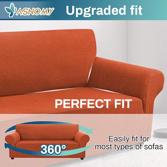 Asnomy Couch Covers for 3 Cushion Couch Stretch Sofa Covers Slipcovers, Pet Protector Furniture Covers for Dogs Cats Spandex Jacquard Fabric Small Checks （Large，Punpkin）