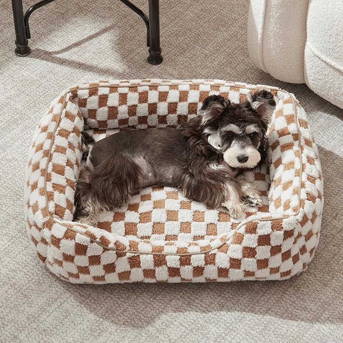 JOEJOY Dog Bed for Large Medium Small Dogs - Rectangle Orthopedic Dog Sofa Bed, Cute Modern Puppy Bed with Jacquard Shaggy Plush & Anti Slip Bottom, 35x25x10inches, Brown
