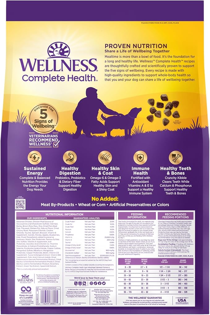 Wellness Complete Health Age Advantage Senior Dry Dog Food, Wholesome Grain Kibble, Natural, Chicken and Barley Recipe, 15 lb Bag