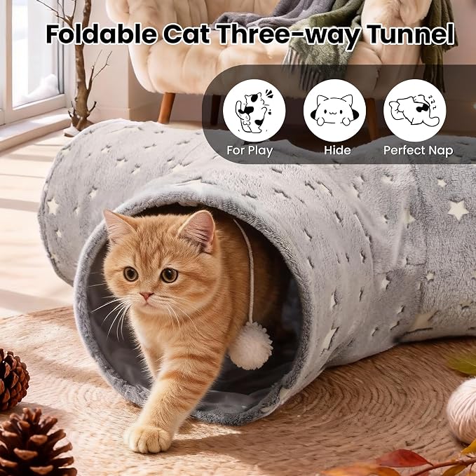 Tempcore 3-Way Collapsible Cat Tunnel Toy with Self-Luminous Tube & Teaser Wand, Peek Holes & Hanging Ball, Photoluminescence Play Tunnel for Indoor Cats, Puppy, Rabbit