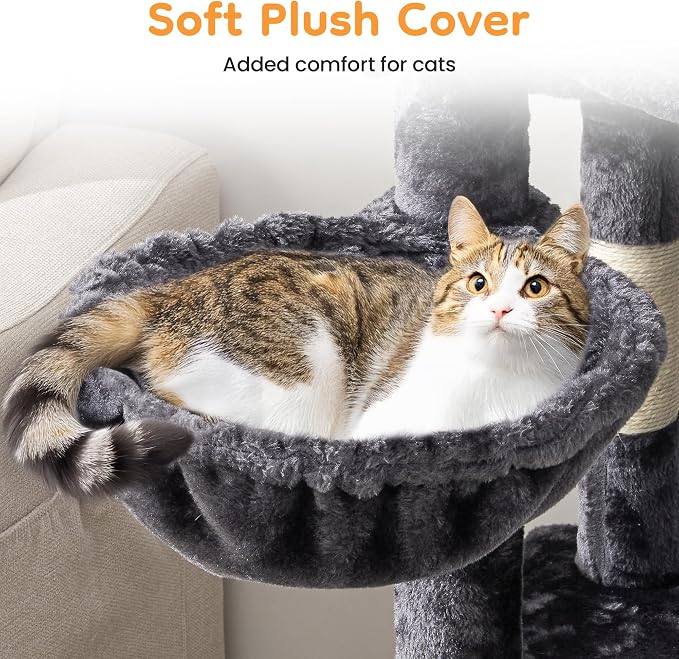 74" Cat Tree Tower with Scratching Posts, Condos, Perch, Hammocks & Toys, Cat Tree for Indoor Cats Large Adult, Ideal for Multi-Cat Households, Dark Gray