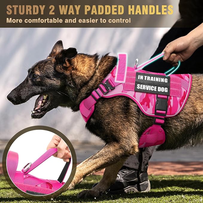 WINSEE Tactical Dog Harness for Large Dog, Heavy Duty Service Dog MOLLE Vest with 10 Pet Patches, No Pull Military Working Vest for Training Hunting Walking