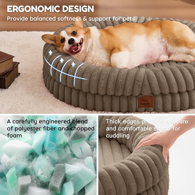 ChiXnuggle Orthopedic Dog Bed for Large Dogs, Waterproof Faux Rabbit Fur Dog Couch with Egg Crate Foam Support and Washable Removable Cover, Bolster Pet Sofa with Non-Slip Bottom, 35x28x7, Taupe