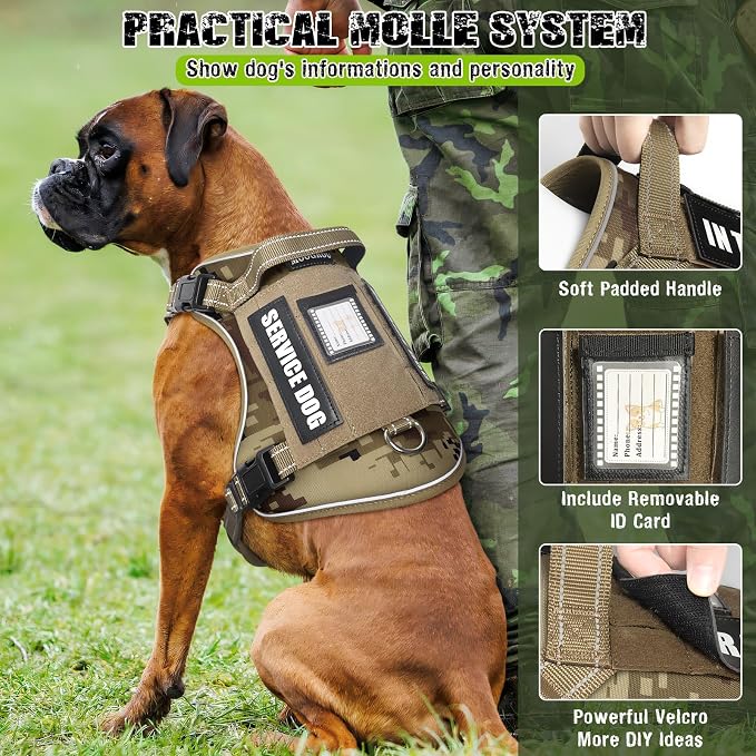 Tactical Dog Harness and Leash Set for Large Dogs,Heavy Duty No Pull Service Dog Vest and 10 Patches with Dog Seat Belt,Reflective Adjustable Pet Harness for Training Walking Hiking Camo XL