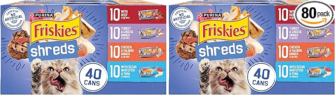 Friskies Purina Wet Cat Food Variety Pack, Shreds with Beef, Turkey & Cheese Dinner, Chicken & Salmon Dinner, and with Ocean Whitefish and Tuna - 5.5 oz. Cans (Pack of 80)