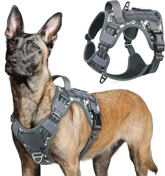rabbitgoo Tactical Dog Harness for Large Dogs, No Pull Military Service Vest with Handle & Molle, Easy Control for Training Walking, Adjustable Reflective Straps, Dark Grey Camo, L