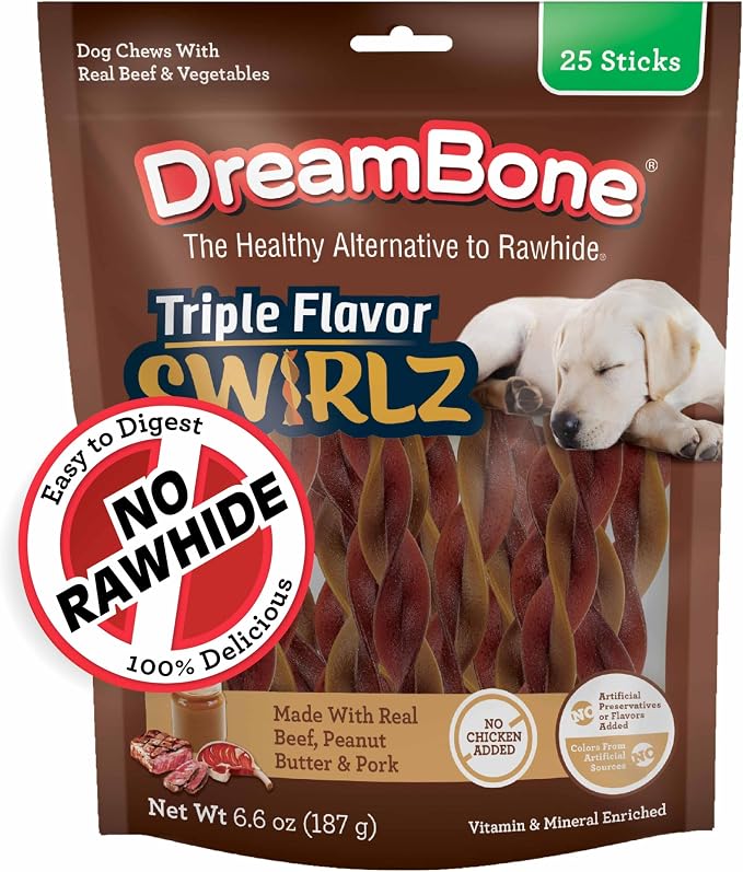 DreamBone Triple Flavor Swirlz No Chicken Added Dog Treats, Daily Rawhide-Free Chew, Digests Safely and Completely, with Real Protein, Beef, Peanut Butter, Pork and Veggies, 25 Count