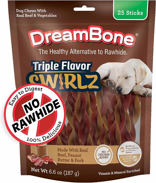 DreamBone Triple Flavor Swirlz No Chicken Added Dog Treats, Daily Rawhide-Free Chew, Digests Safely and Completely, with Real Protein, Beef, Peanut Butter, Pork and Veggies, 25 Count