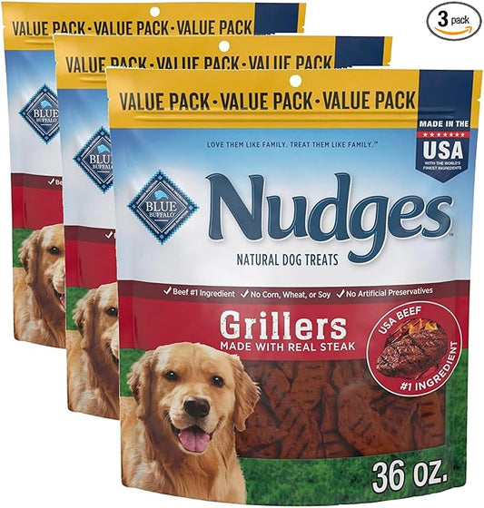 Blue Buffalo Nudges Grillers Natural Dog Treats with Real USA Beef, Made in the USA, Steak, 36-oz Bag (Pack of 3)