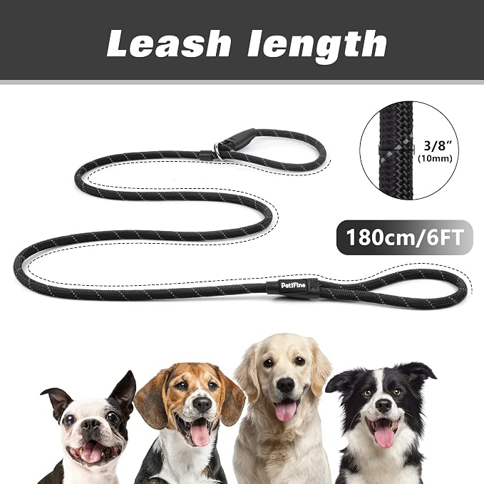 PetiFine Slip Lead Dog Leash, 6FT x 3/8" Reflective Heavy Duty Adjustable Nylon Dog Rope Leash for Small to Large Dogs (Black)