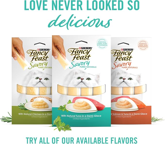 Fancy Feast Purina Squeezable Cat Treats Tube, Savory Puree Naturals with Natural Tuna in a Demi-Glace - 0.35 Ounce (Pack of 36)