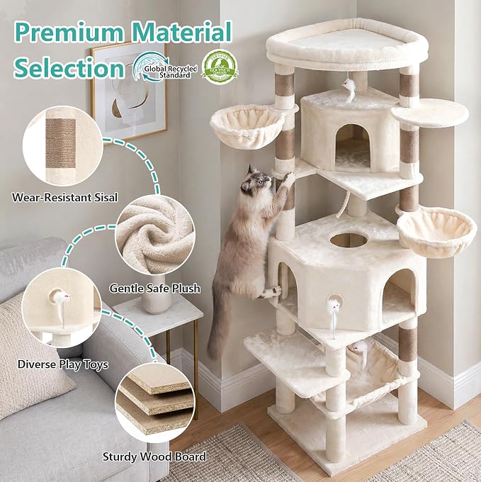 Cat Tree, 81.1" Skyward Corner Cat Tower for Large Cats with Diamond Hideout, Space-Smart Cat Furniture with Grand Platform, Firm Base, 3 Soft Hammock & Pet Relax Station, Beige VCT031MJ