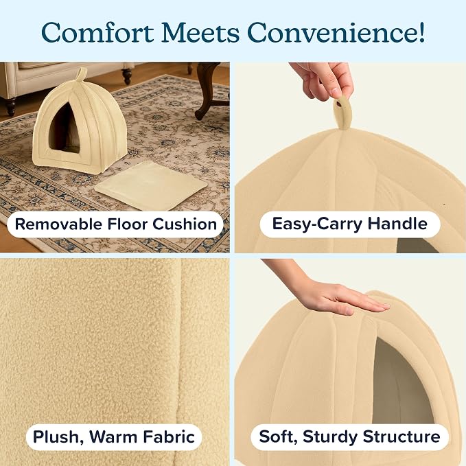 Cat House - Indoor Bed with Removable Foam Cushion - Pet Tent for Puppies, Rabbits, Guinea Pigs, Hedgehogs, and Other Small Animals by PETMAKER (Tan)