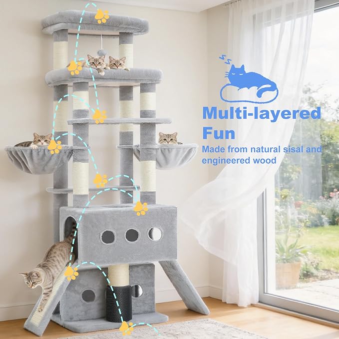 Hey-brother Cat Tree Tower, 71.5 Inches Scratching Posts with Extra Large Platform, 2 Cozy Condos, 2 Hammocks and Scratch Boards, Multi-Level House for Multiple Indoor Cats, Smoky Gray MPJ085W