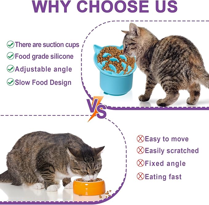 Silicone Cat Slow Feeder, Elevated Slow Feeder Bowl Tilt Design, Suitable for Dry and Wet Food, Adjustable Angle, Cat Food Puzzle with Suction Cup(Blue)